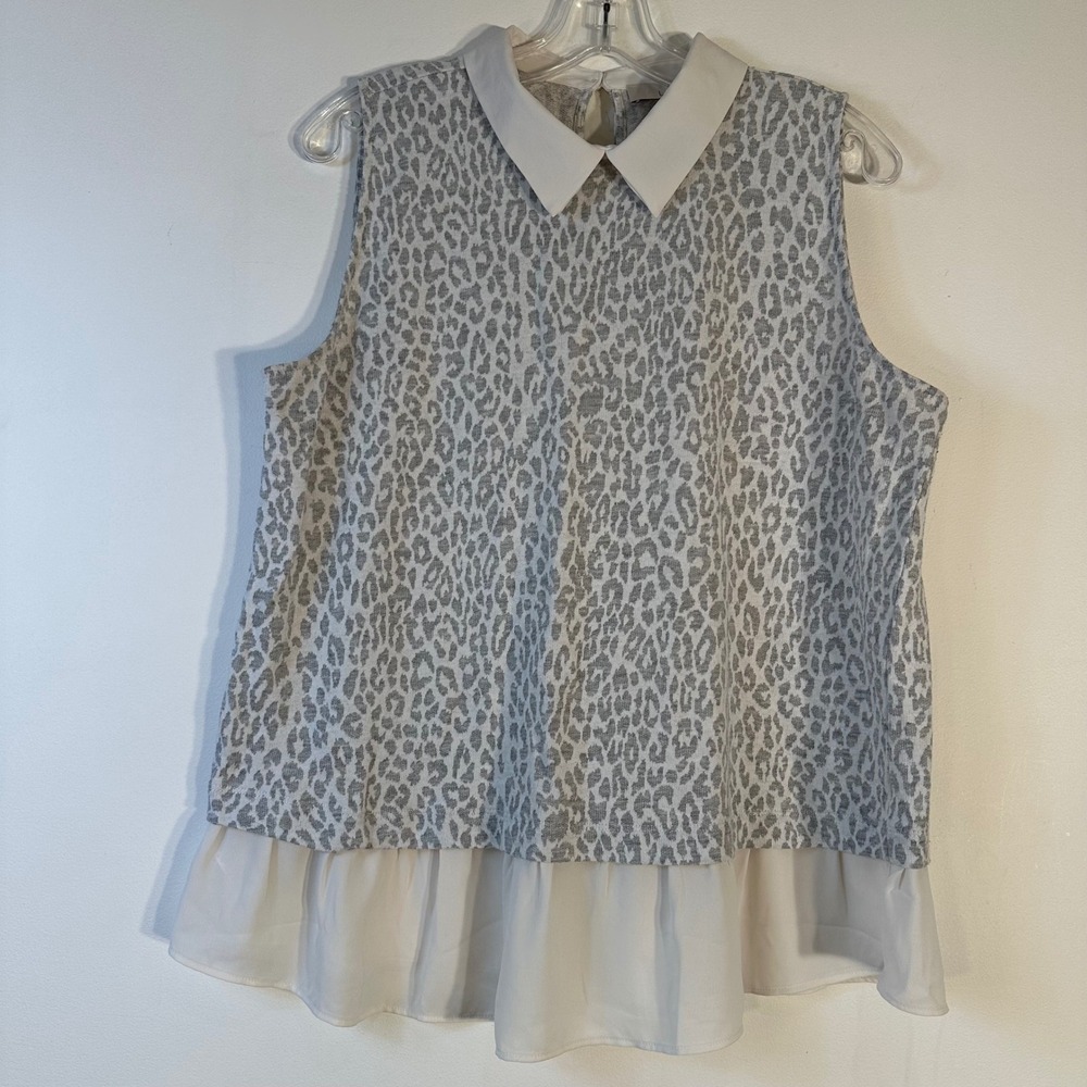 LOFT Womens Grey Leopard Print Mixed Media Sleeveless Top Peter Pan Collar L